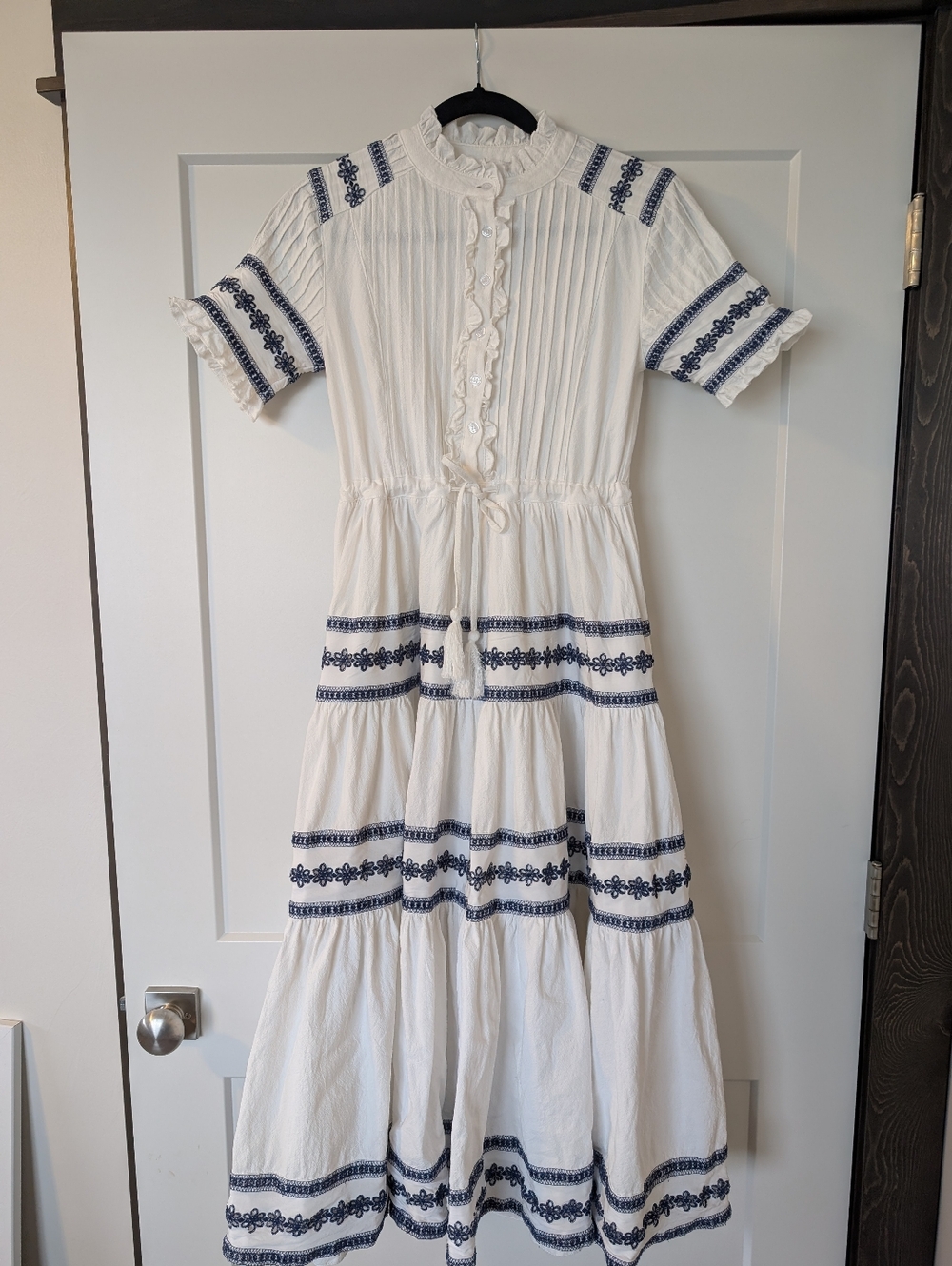 Ivy City Co Santorini white and blue embroidered midi dress